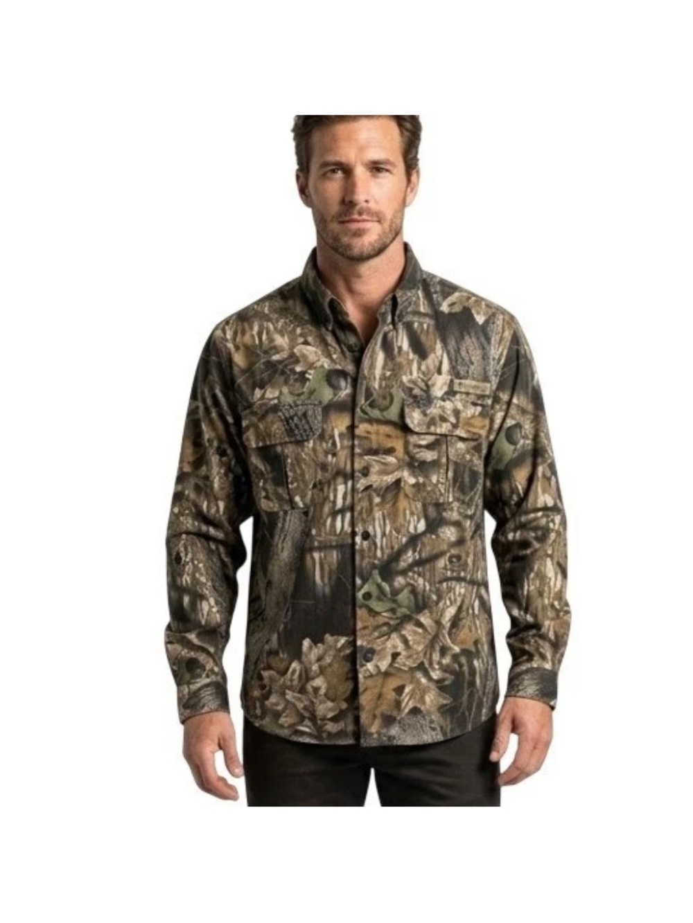 Columbia Button Down Shirt Mens Medium Camo Mossy Oak Break-Up Hunting - Picture 2 of 9